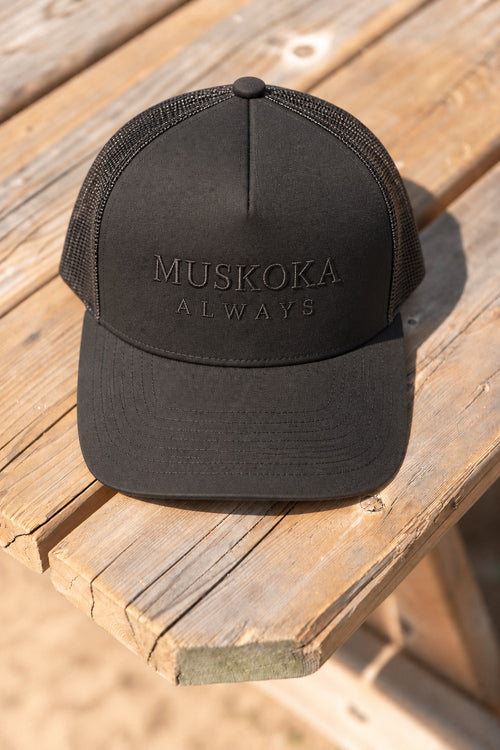 black embroidered trucker muskoka always